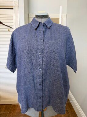 Eileen Fisher Organic Linen Délavé Blue Shirt & Pant Set L